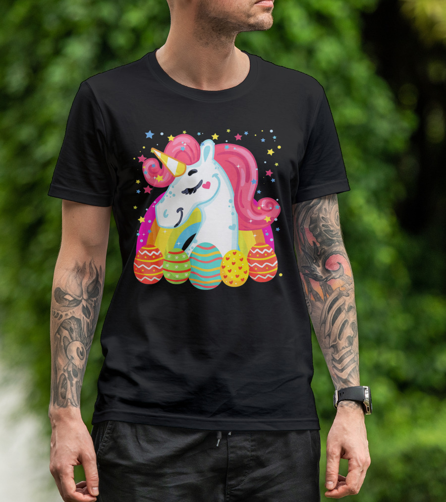 Unicorn With Rainbow Mane And Colorful Easter Eggs T-Shirt