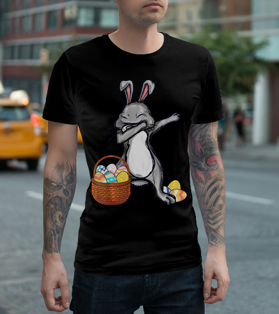 Dabbing Easter Bunny with Colorful Egg Basket T-Shirt