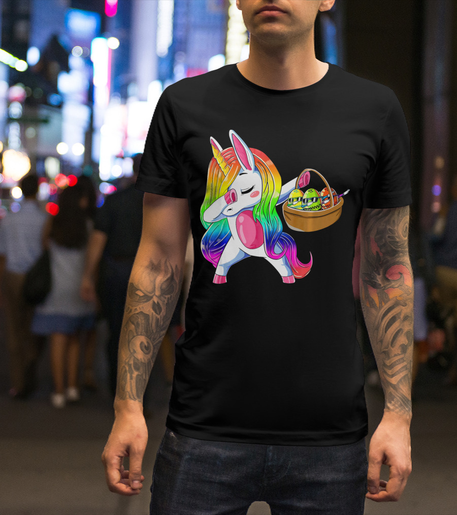 Girls Easter Unicorn Dabbing With Bunny Ear And Colorful Egg Basket T-Shirt