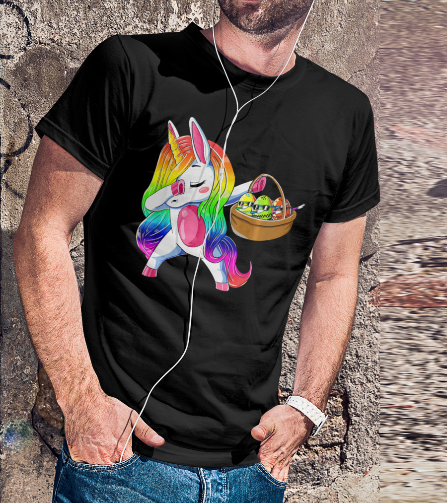 Girls Easter Unicorn Dabbing With Bunny Ear And Colorful Egg Basket T-Shirt