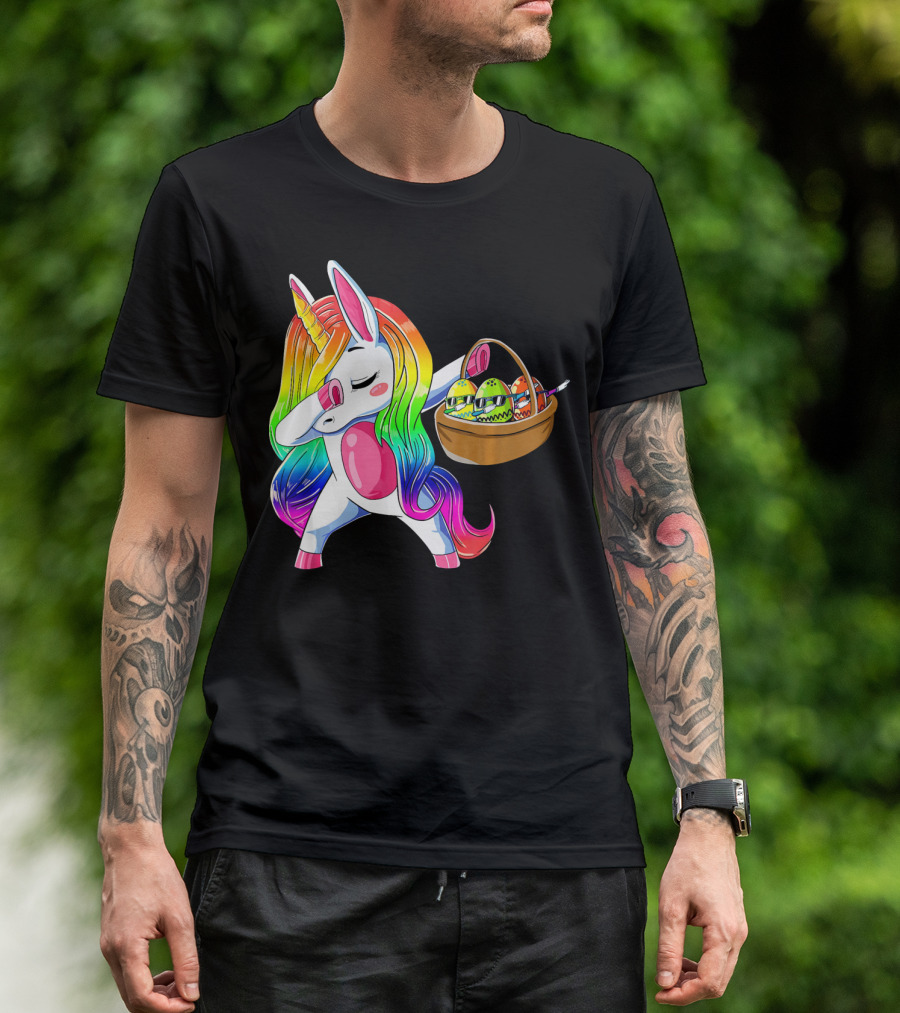Girls Easter Unicorn Dabbing With Bunny Ear And Colorful Egg Basket T-Shirt