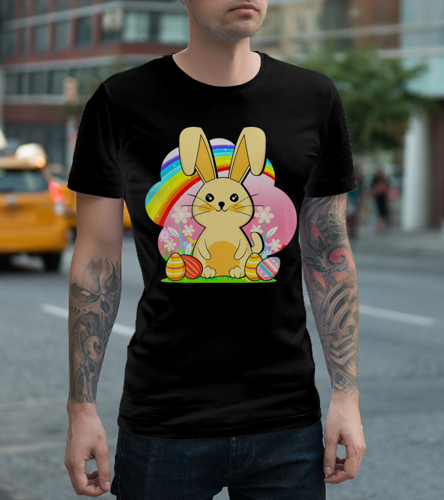 Easter Egg Bunny with Rainbow and Flowers T-Shirt