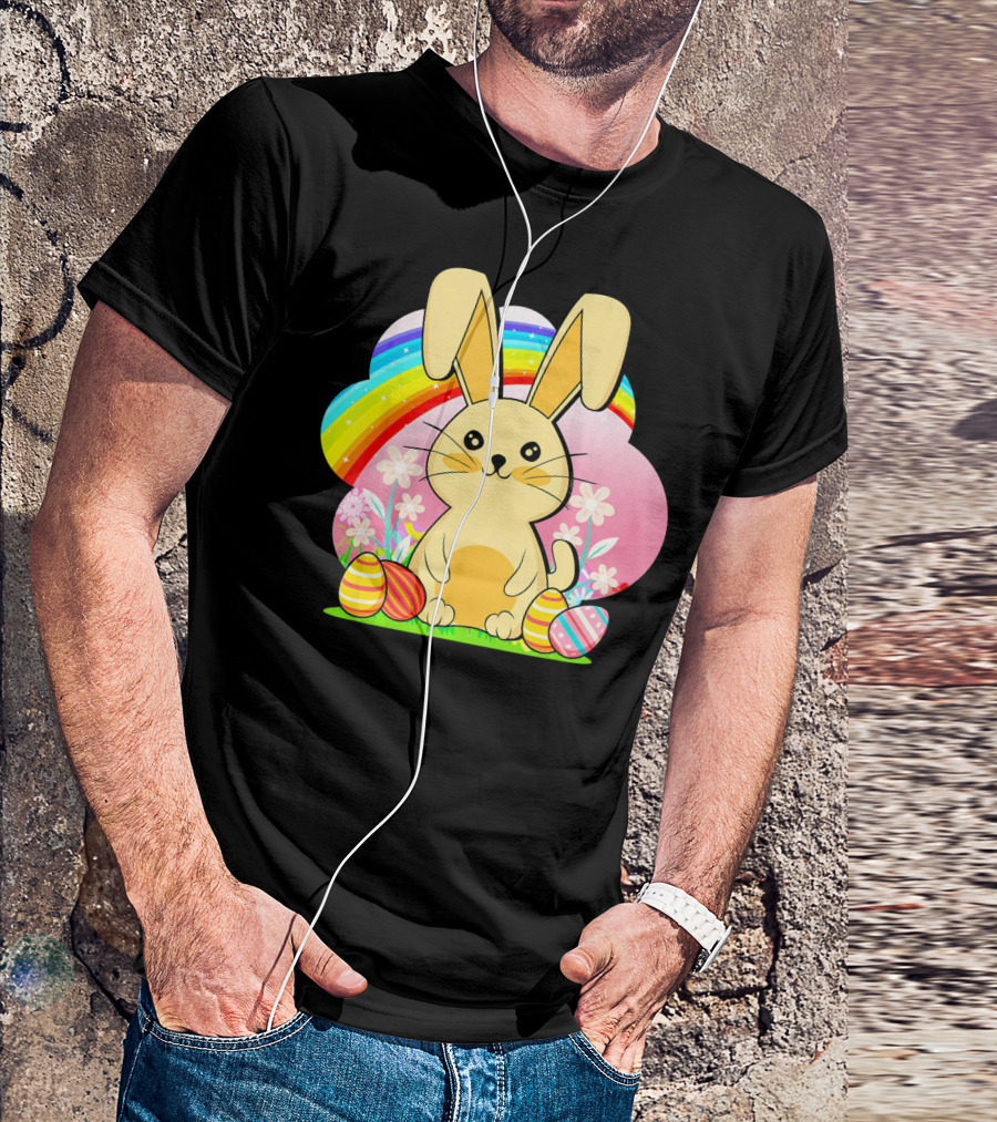 Easter Egg Bunny With Rainbow And Flowers T-Shirt