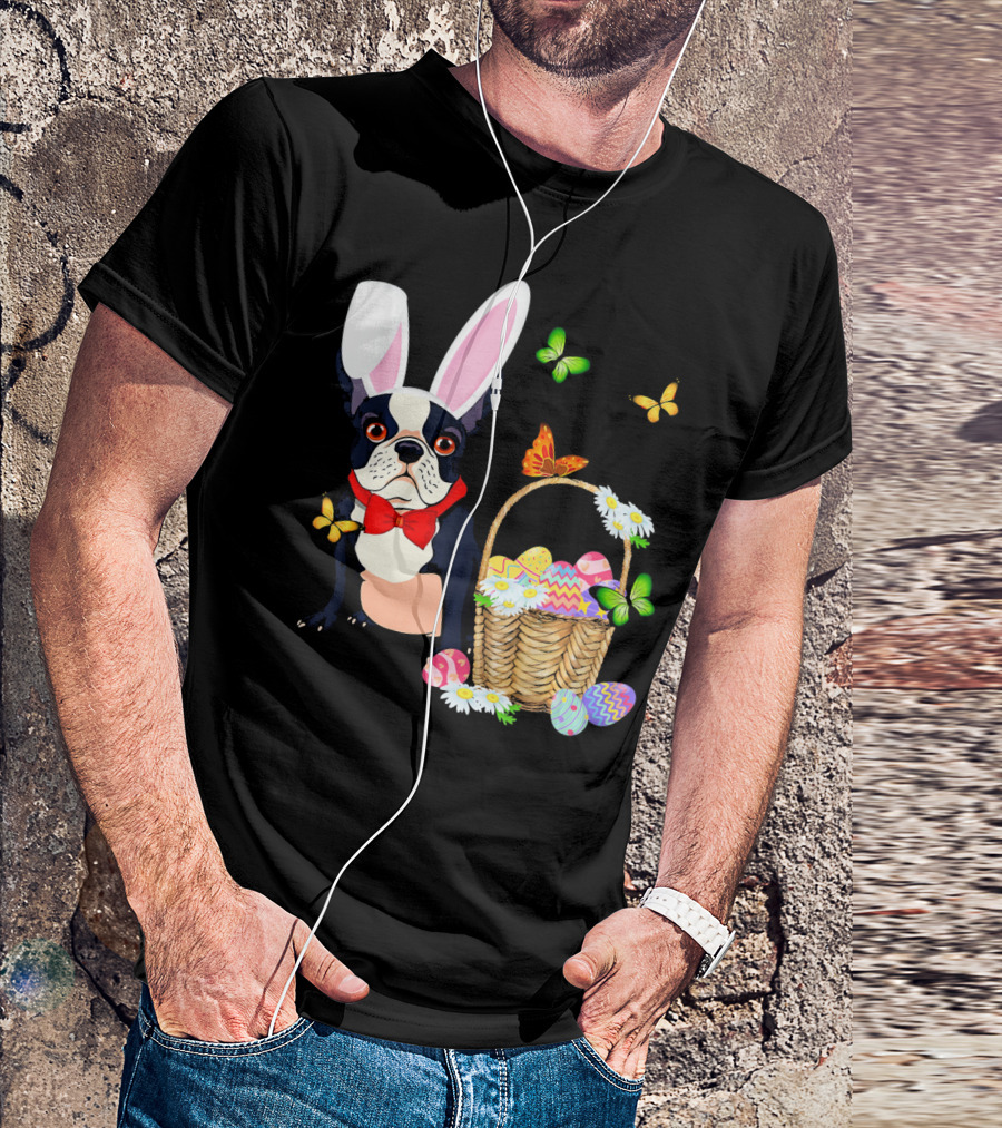 French Bulldog Bunny Hat Rabbit Easter Basket Eggs Butterflies T-Shirt