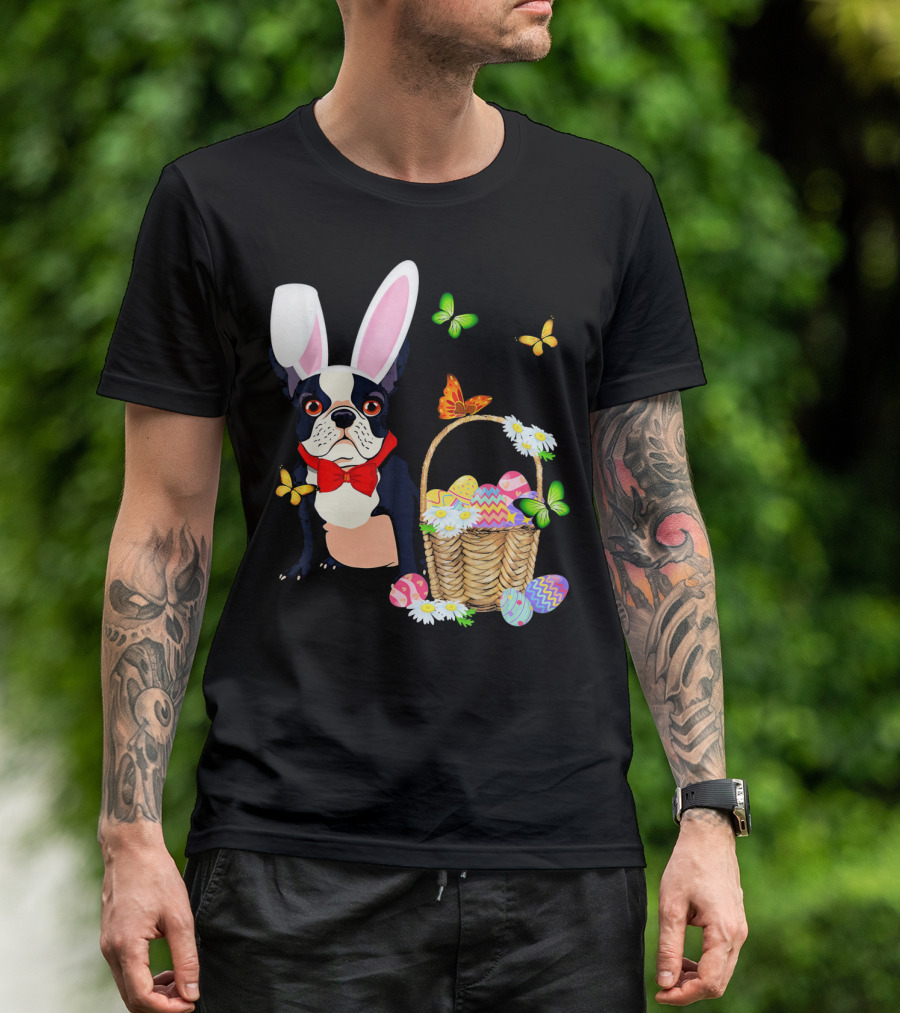 French Bulldog Bunny Hat Rabbit Easter Basket Eggs Butterflies T-Shirt