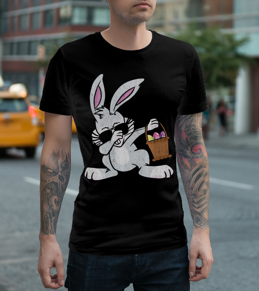 Dabbing Easter Bunny with Sunglasses and Basket of Colorful Eggs T-Shirt