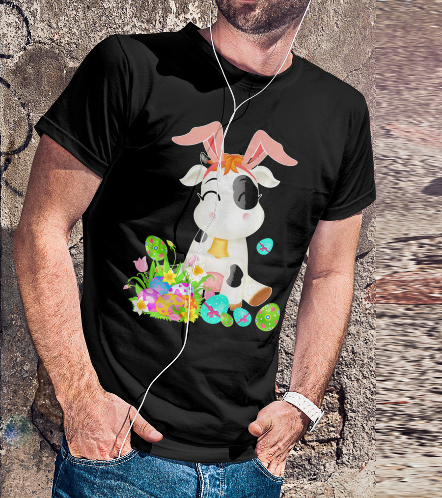 Happy Cow Easter Bunny With Colorful Eggs And Flowers T-Shirt