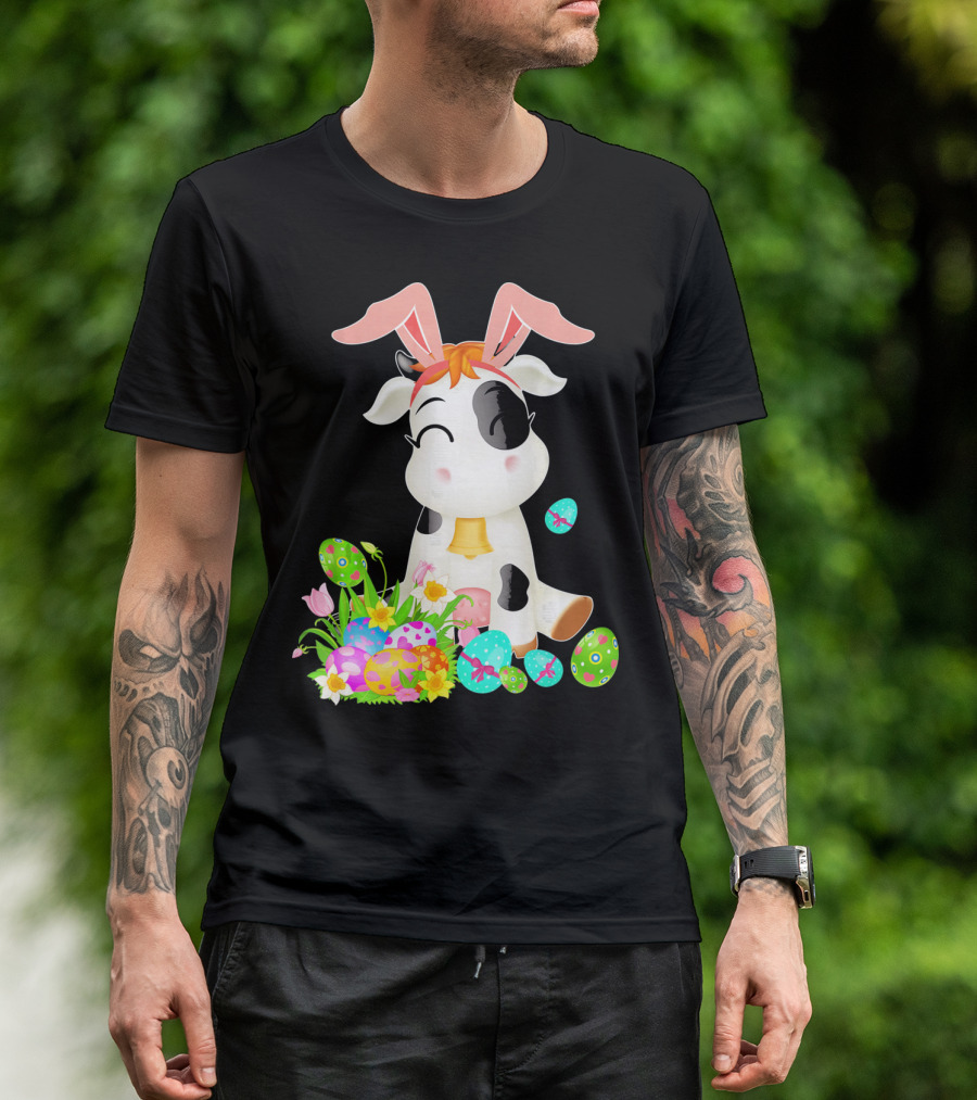 Happy Cow Easter Bunny With Colorful Eggs And Flowers T-Shirt