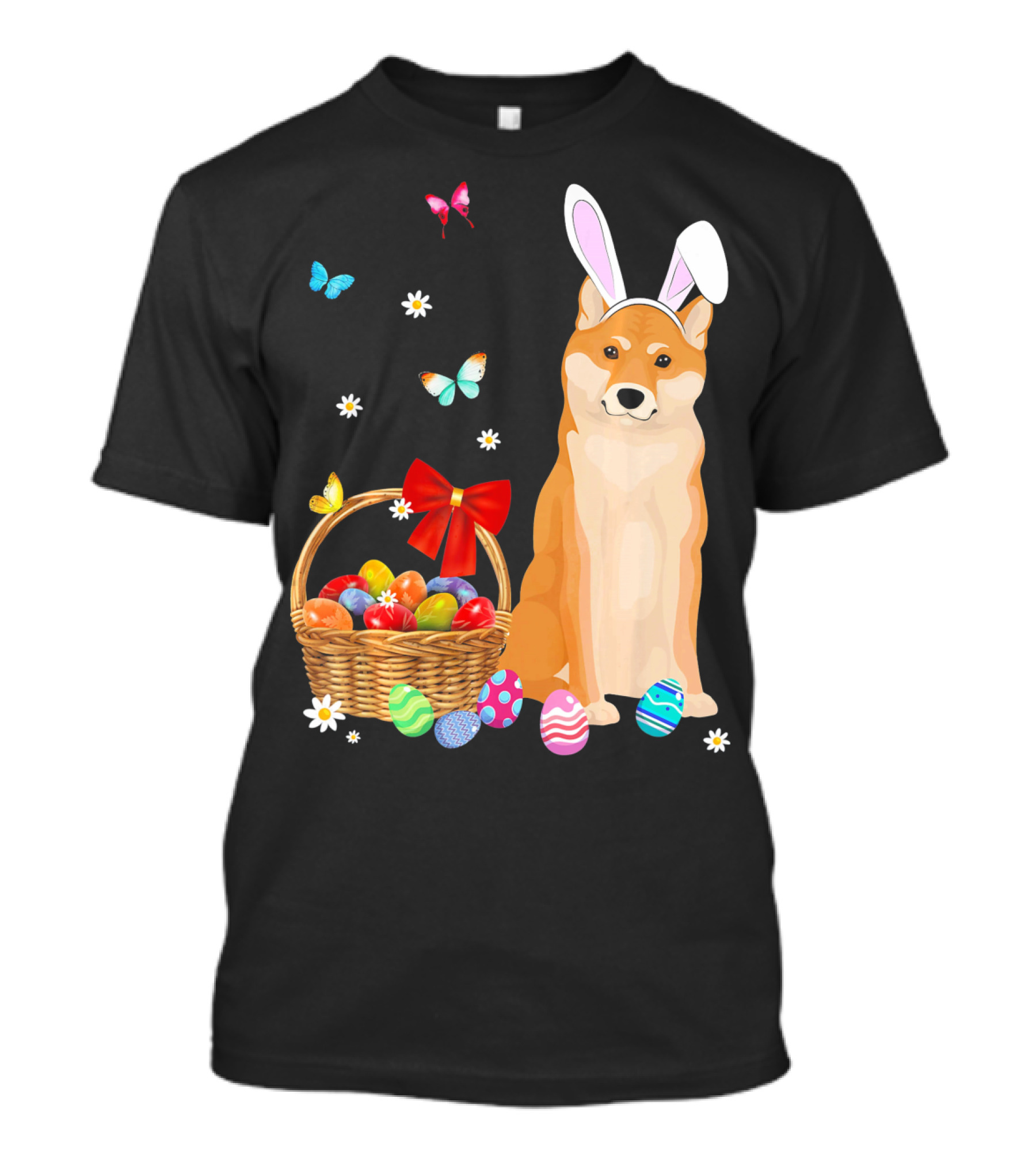 Shiba Inu Bunny Ear Rabbit Easter Eggs Basket Butterflies Flowers T-Shirt