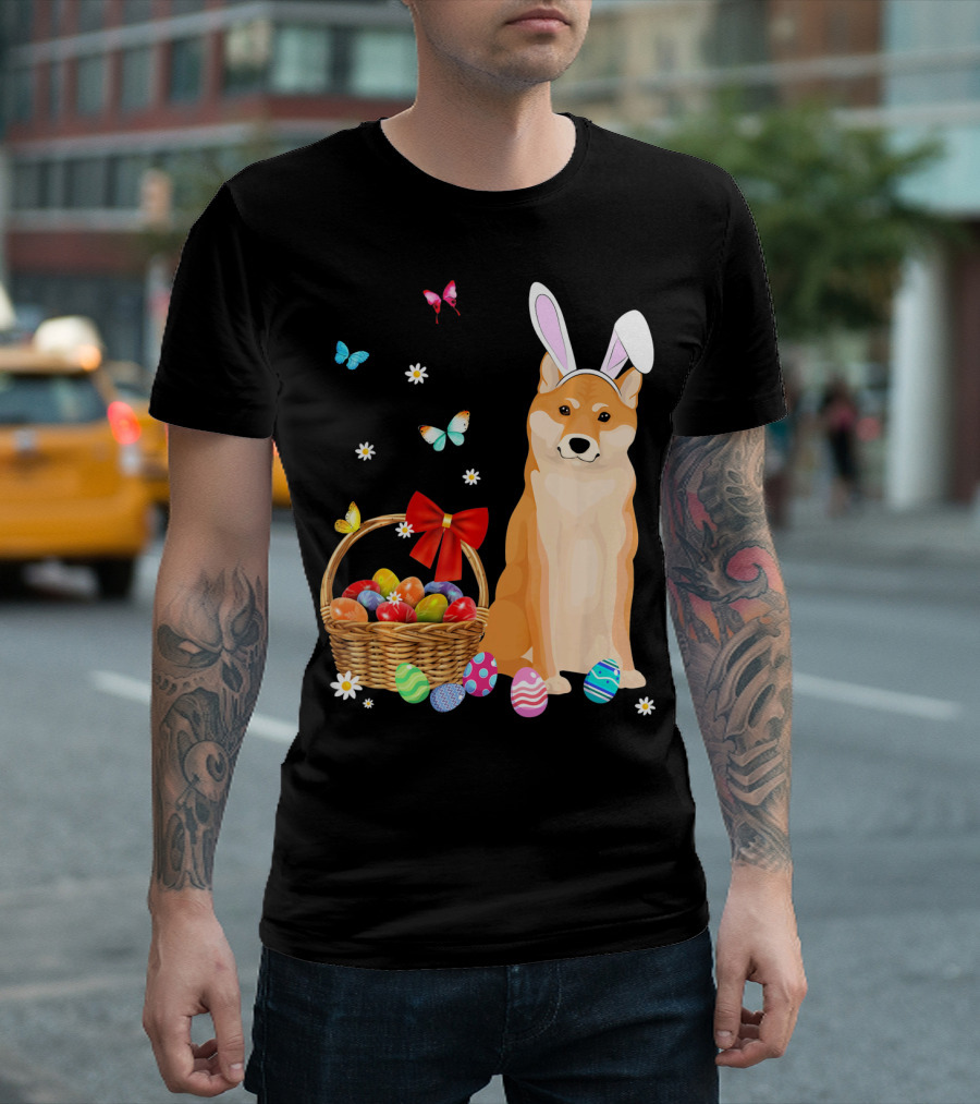 Shiba Inu Bunny Ear Rabbit Easter Eggs Basket Butterflies Flowers T-Shirt