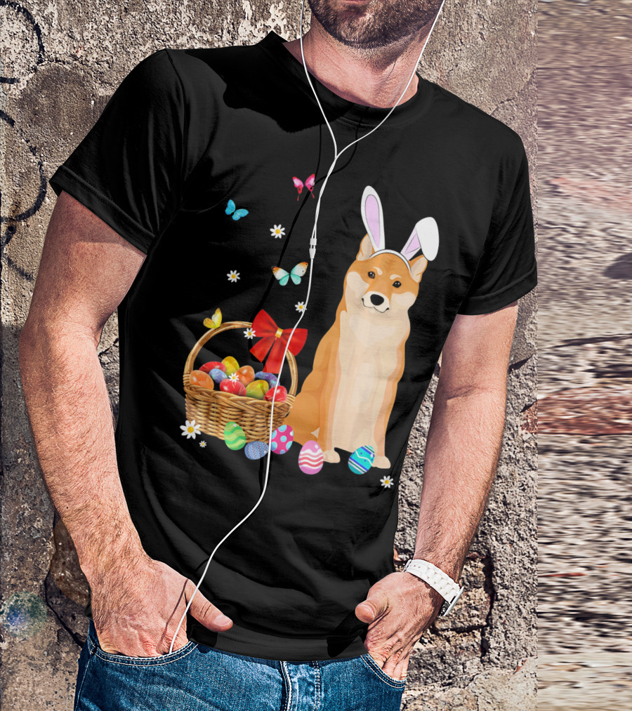 Shiba Inu Bunny Ear Rabbit Easter Eggs Basket Butterflies Flowers T-Shirt