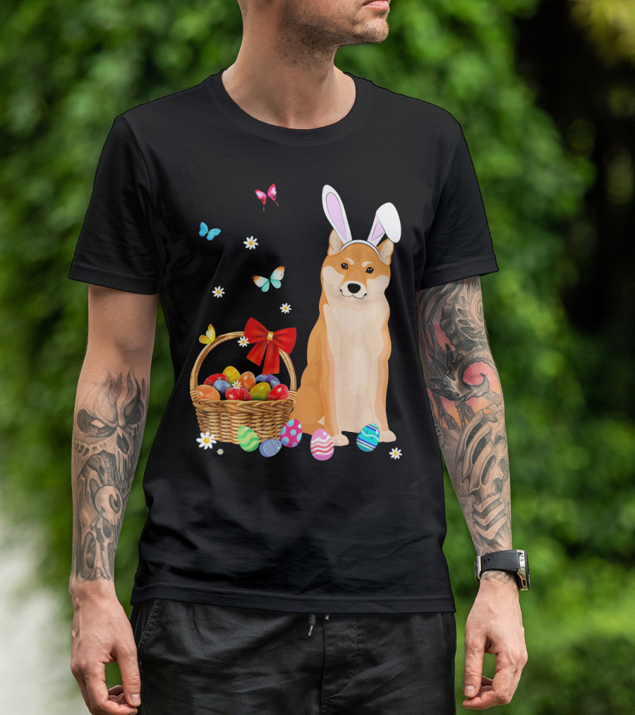 Shiba Inu Bunny Ear Rabbit Easter Eggs Basket Butterflies Flowers T-Shirt