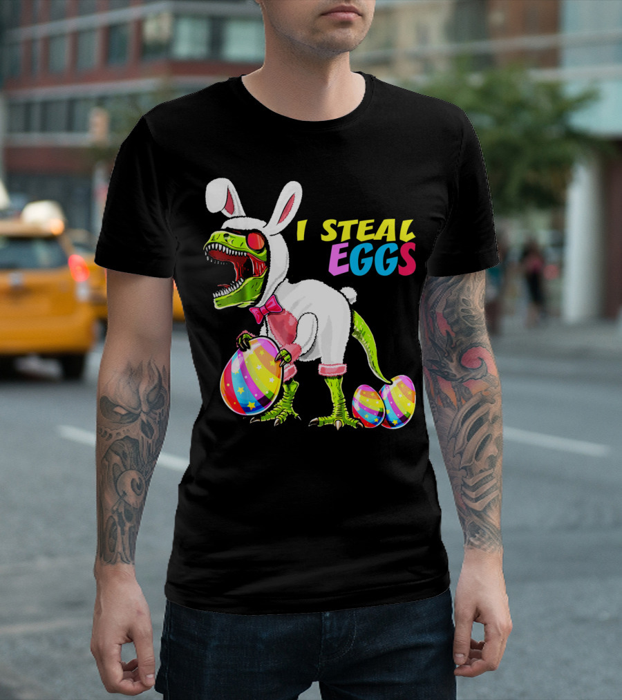I Steal Easter Eggs Dinosaur Rex Bunny in Costume Holding Colorful Striped Eggs T-Shirt