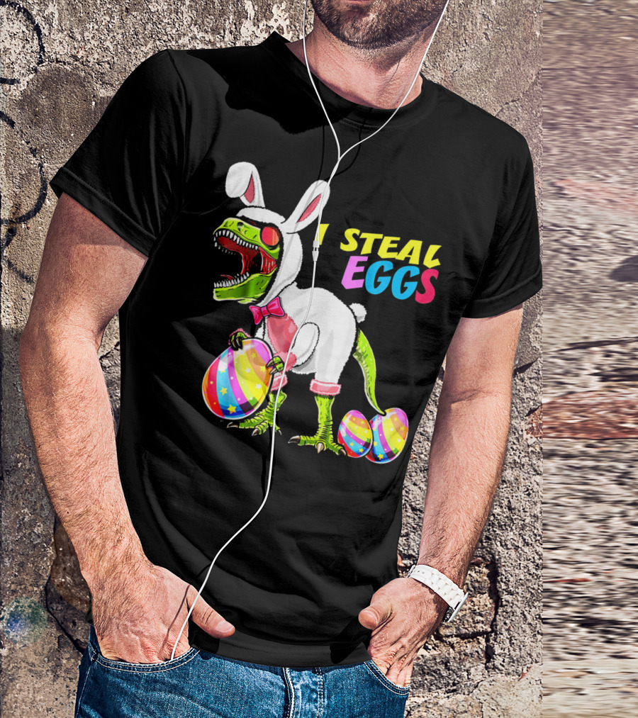 I Steal Easter Eggs Dinosaur Rex Bunny In Costume Holding Colorful Striped Eggs T-Shirt