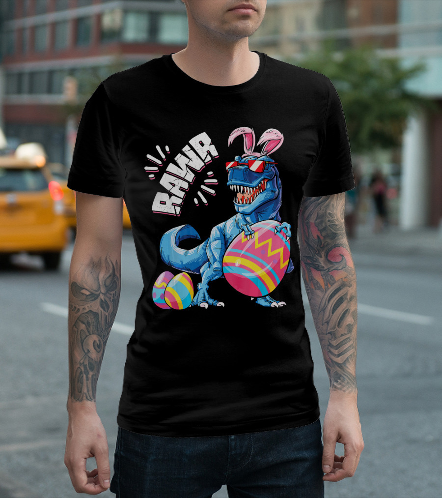 RAWR Easter Bunny Dinosaur T-Rex with Colorful Eggs T-Shirt