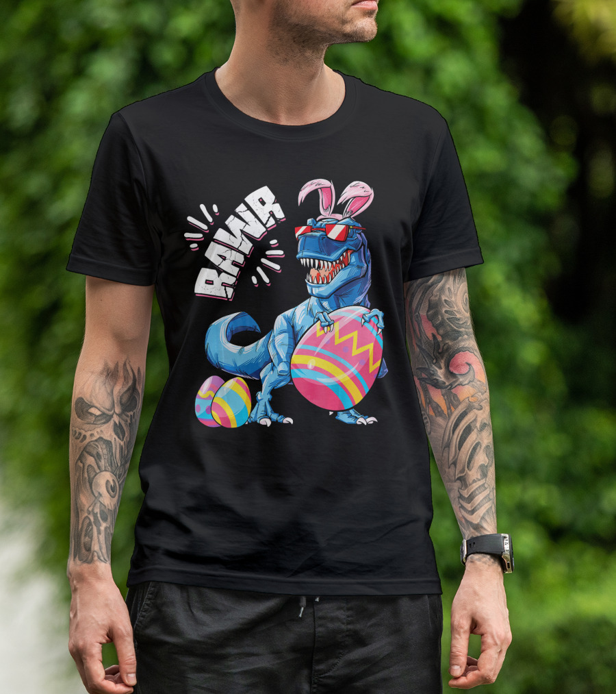 RAWR Easter Bunny Dinosaur T-Rex With Colorful Eggs T-Shirt