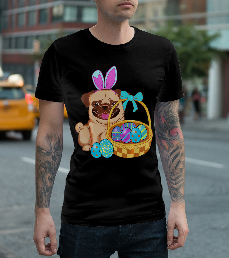 Pug Dog Easter Bunny Ears with Colorful Eggs Basket T-Shirt