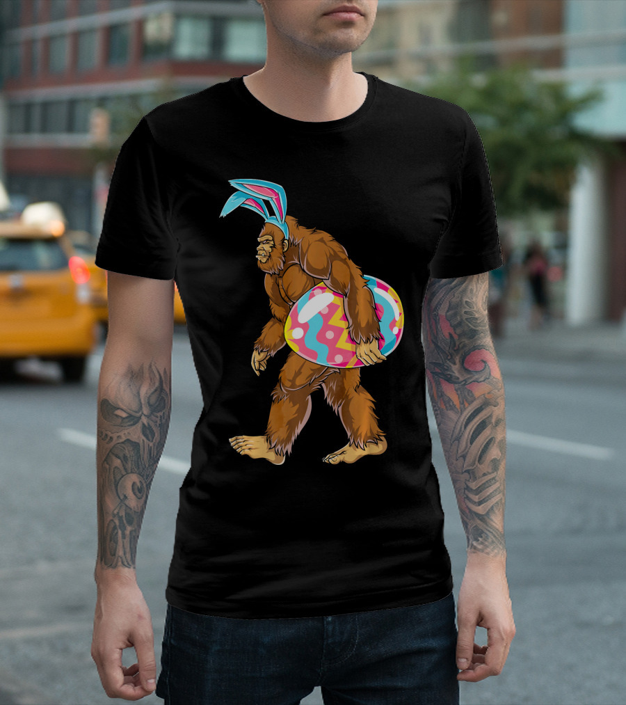 Bigfoot Sasquatch with Easter Bunny Ears and Egg T-Shirt