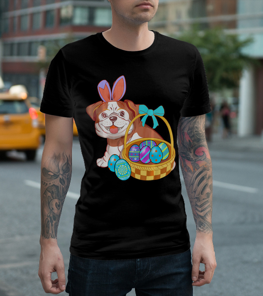 Easter Bulldog Holiday Bunny Ears with Easter Egg Basket T-Shirt