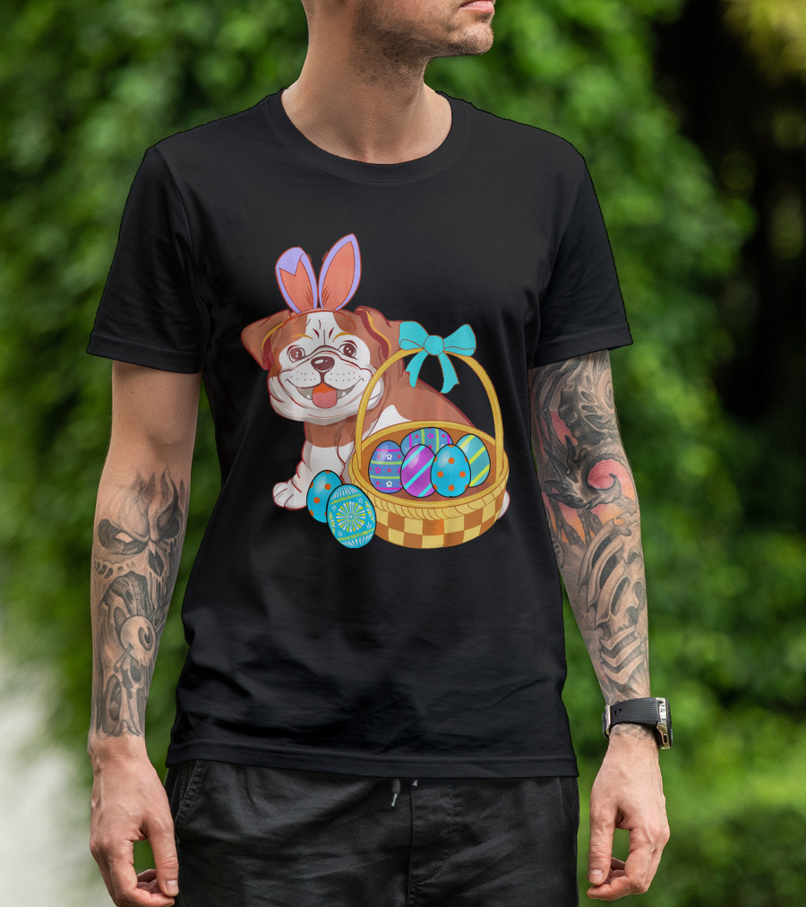 Easter Bulldog Holiday Bunny Ears With Easter Egg Basket T-Shirt