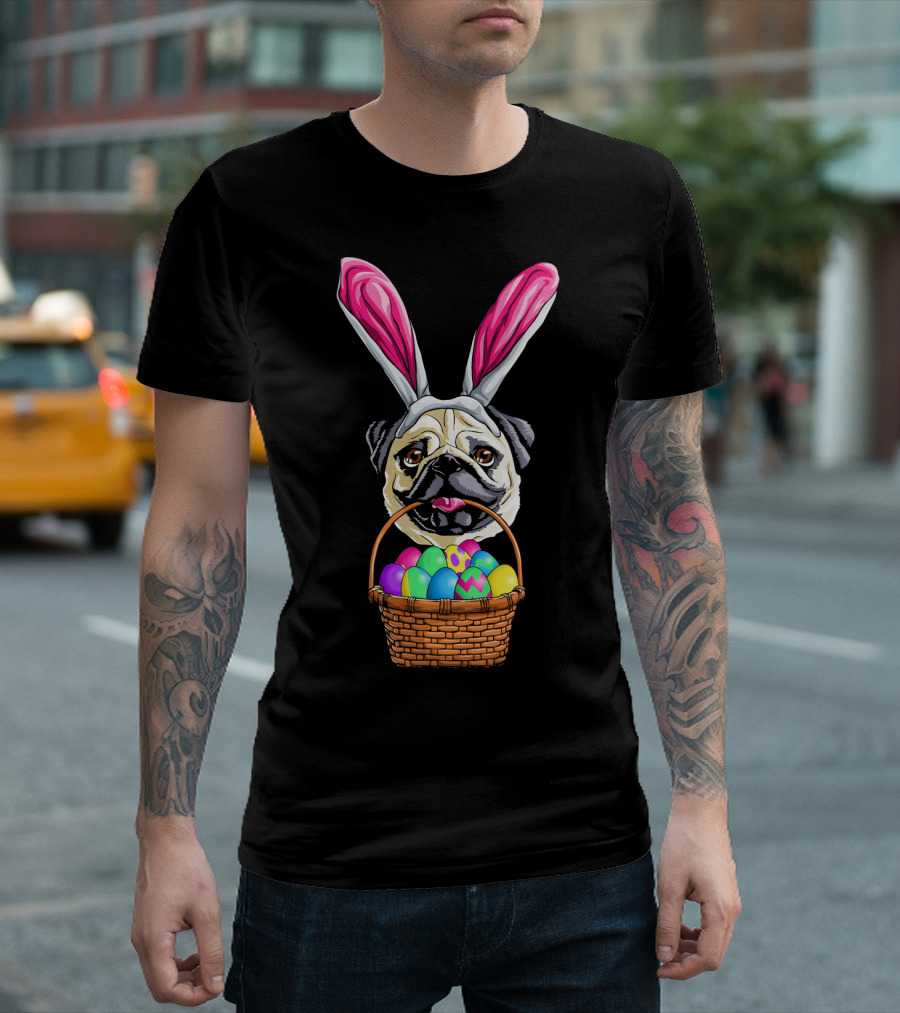 Easter Pug Wearing Bunny Ears Holding Basket of Colorful Eggs T-Shirt