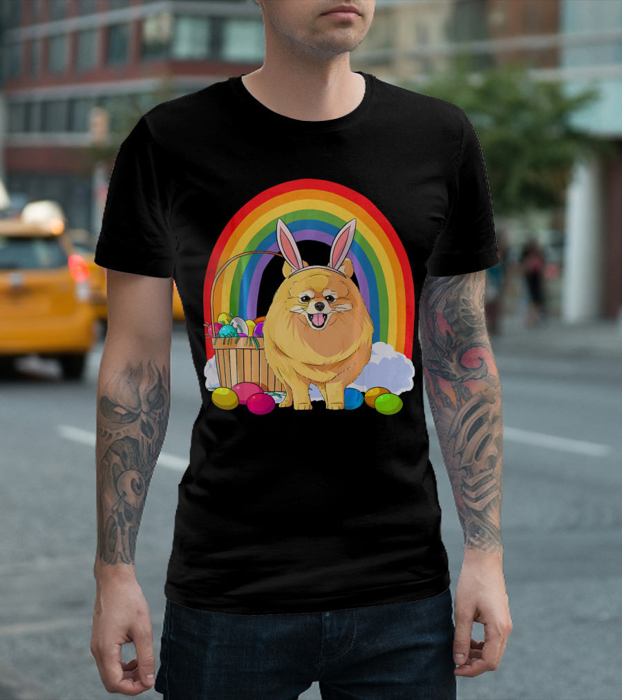 Easter Eggs Pomeranian Bunny Dog Rainbow Basket T-Shirt