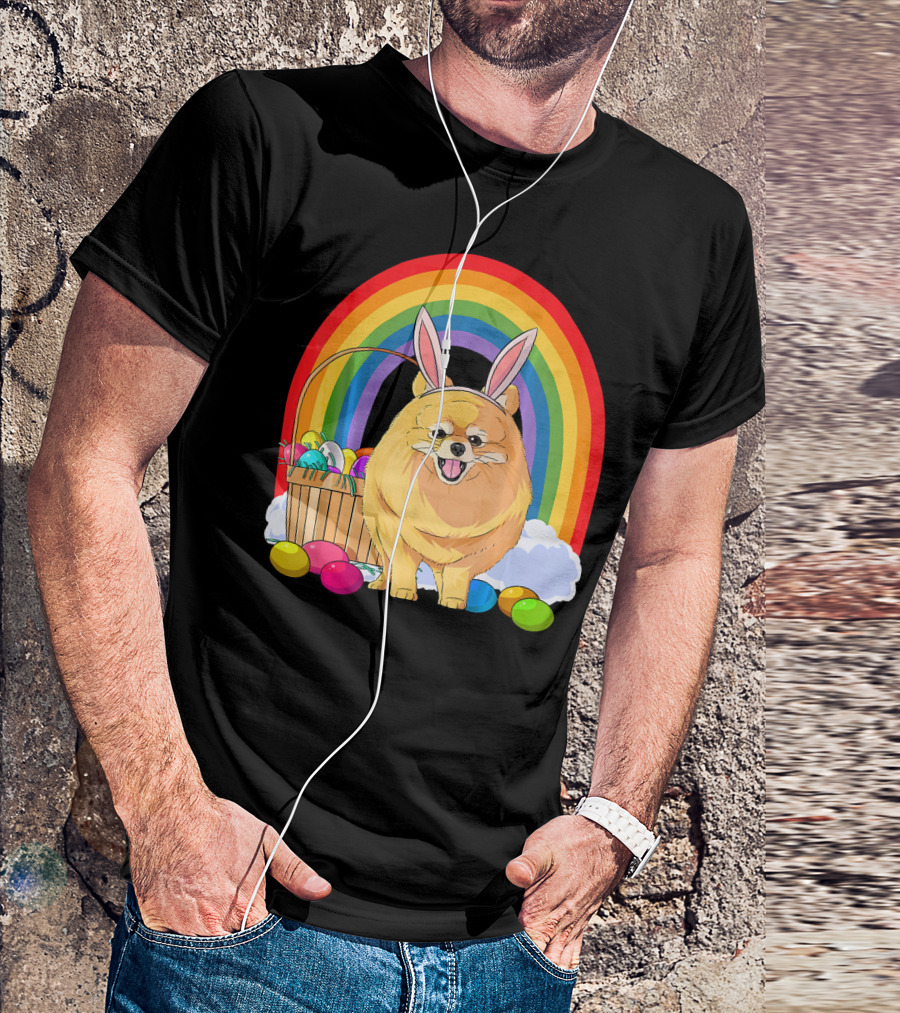 Easter Eggs Pomeranian Bunny Dog Rainbow Basket T-Shirt