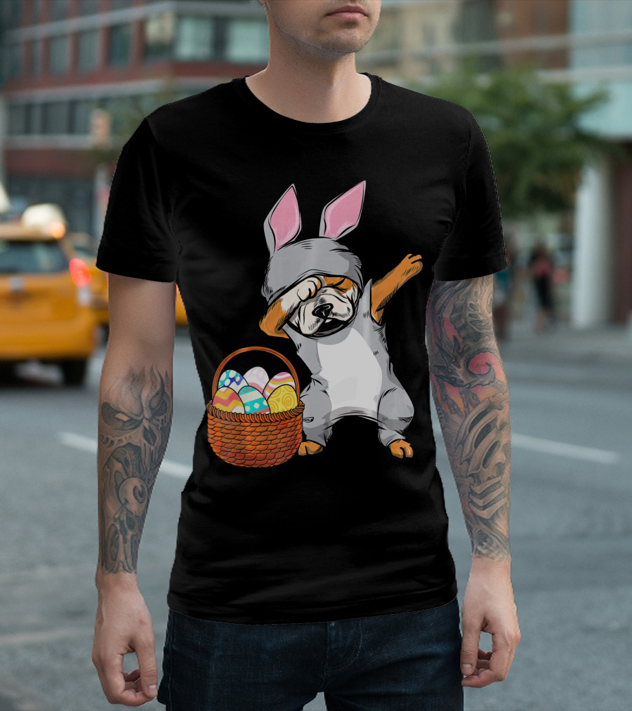 Dabbing Easter Bunny English Bulldog With Basket Of Eggs T-Shirt