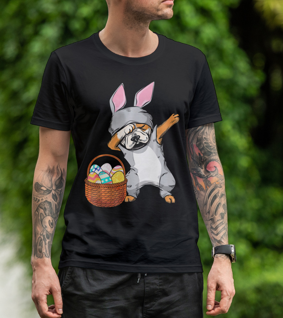 Dabbing Easter Bunny English Bulldog With Basket Of Eggs T-Shirt