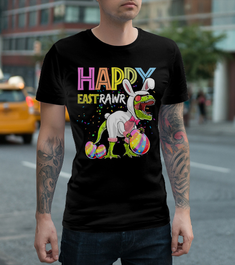 HAPPY EASTRAWR DINOSAUR BUNNY WITH EGGS AND CONFETTI T-Shirt