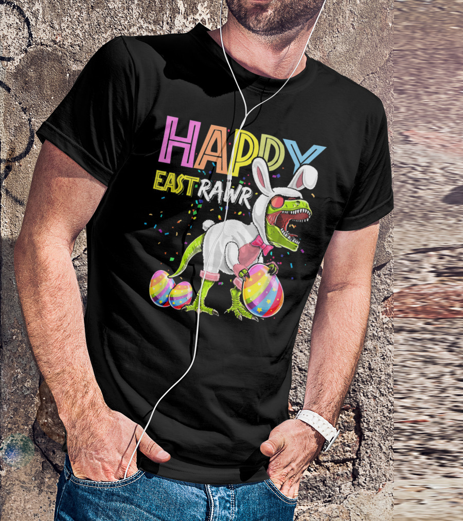 HAPPY EASTRAWR DINOSAUR BUNNY WITH EGGS AND CONFETTI T-Shirt