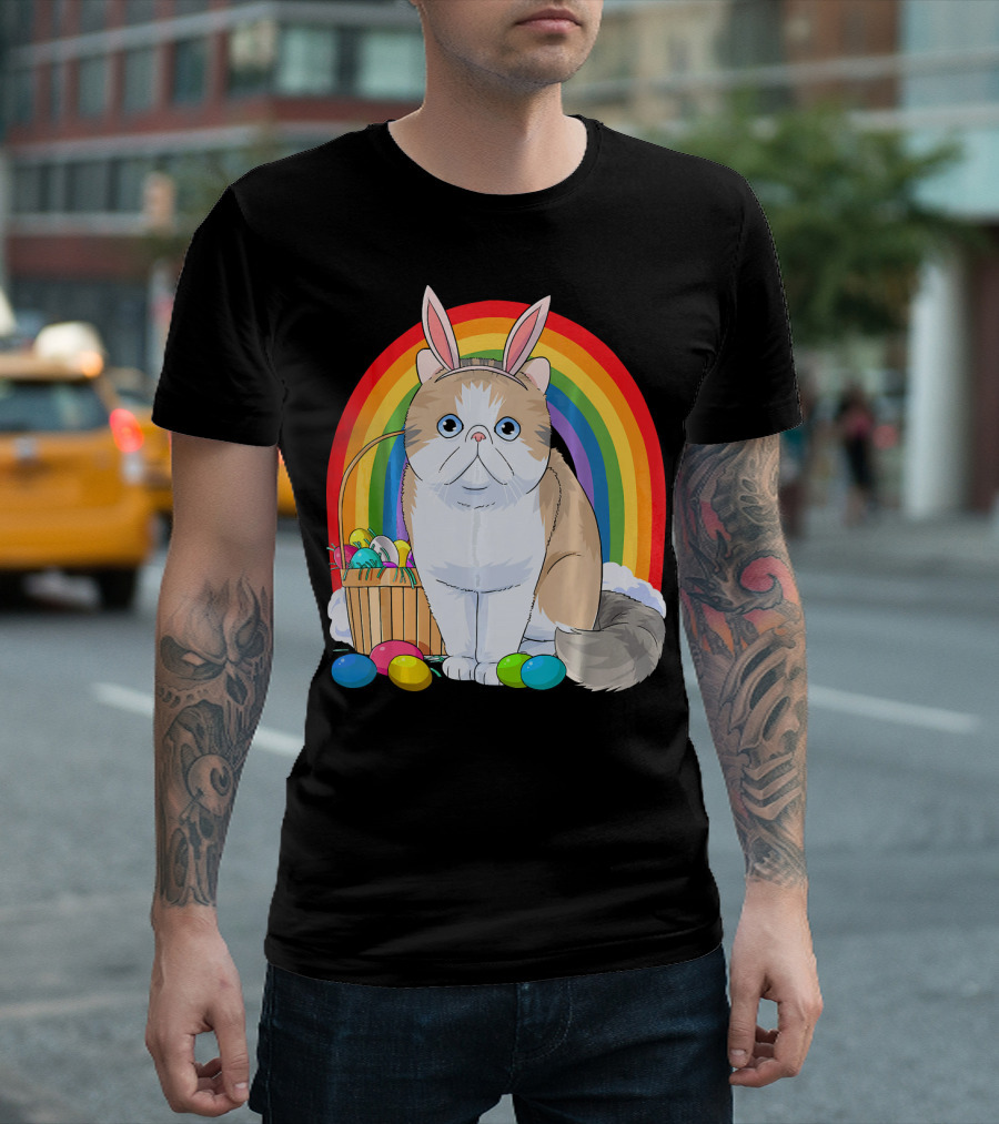 Exotic Shorthair Cat Bunny with Easter Eggs in Front of Rainbow T-Shirt