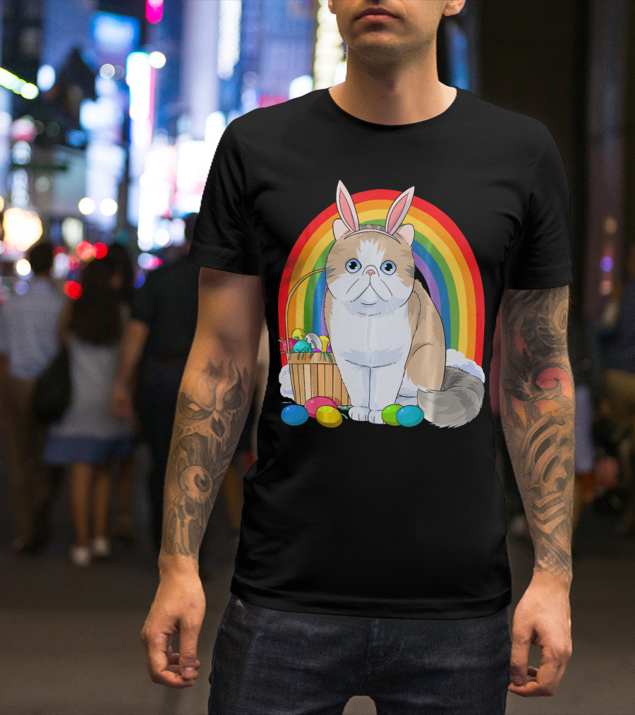 Exotic Shorthair Cat Bunny With Easter Eggs In Front Of Rainbow T-Shirt