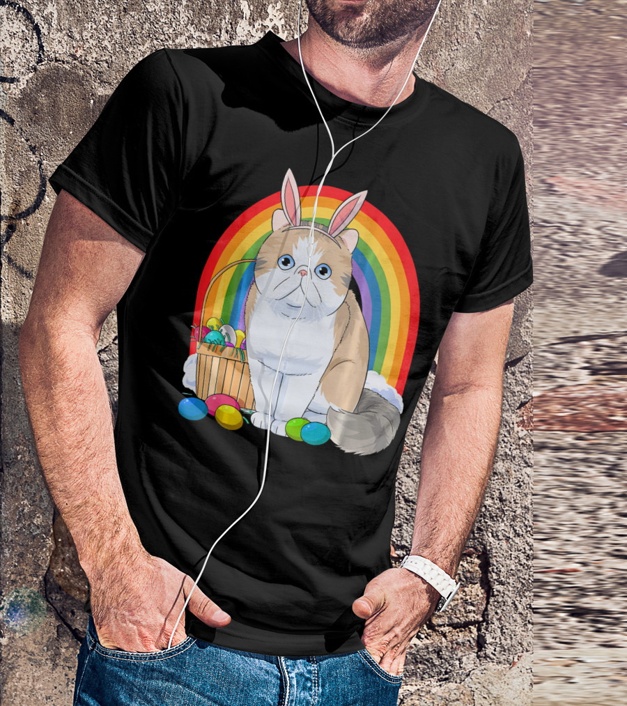 Exotic Shorthair Cat Bunny With Easter Eggs In Front Of Rainbow T-Shirt