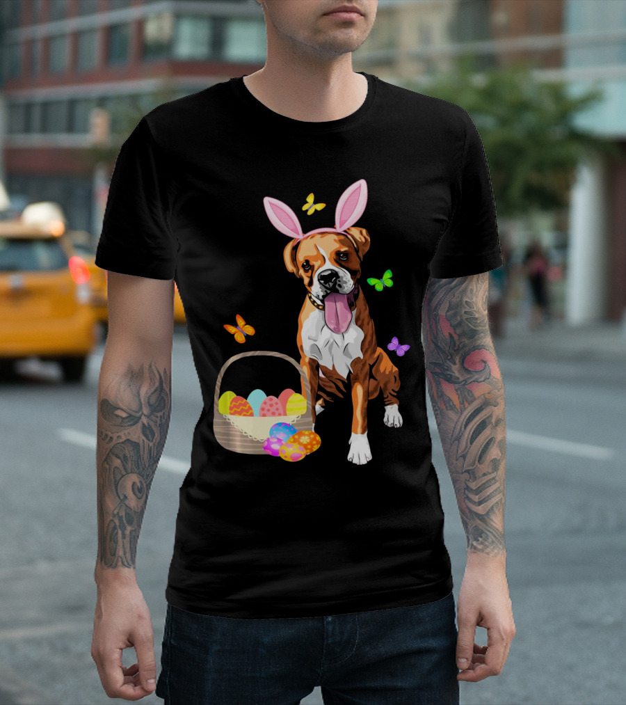 Girls Happy Easter Bunny Boxer Dog with Easter Eggs and Butterflies T-Shirt