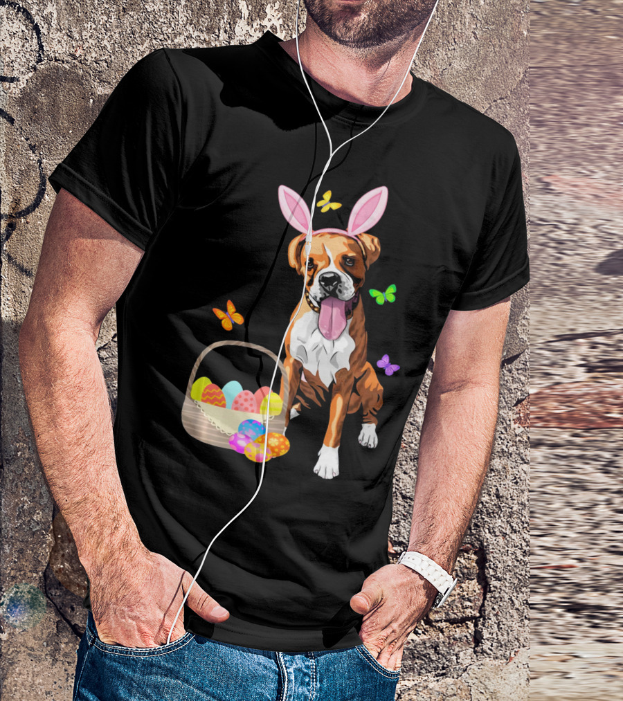 Girls Happy Easter Bunny Boxer Dog With Easter Eggs And Butterflies T-Shirt