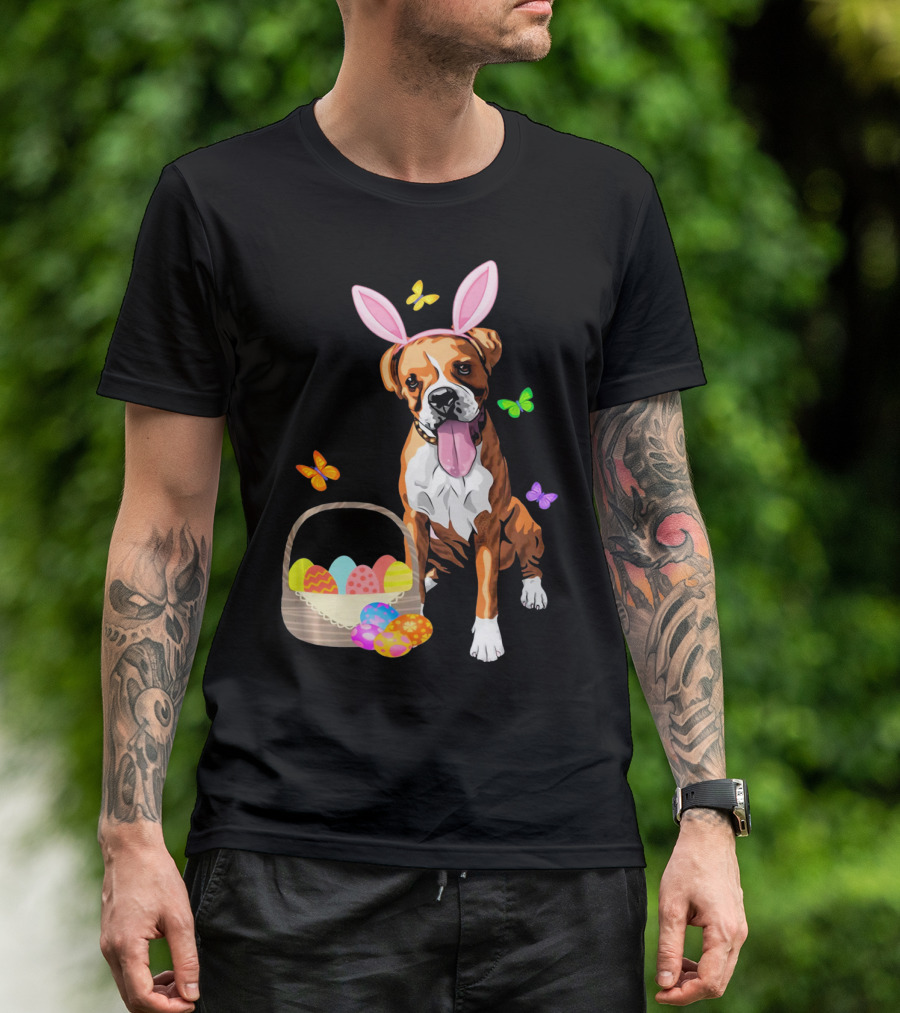 Girls Happy Easter Bunny Boxer Dog With Easter Eggs And Butterflies T-Shirt