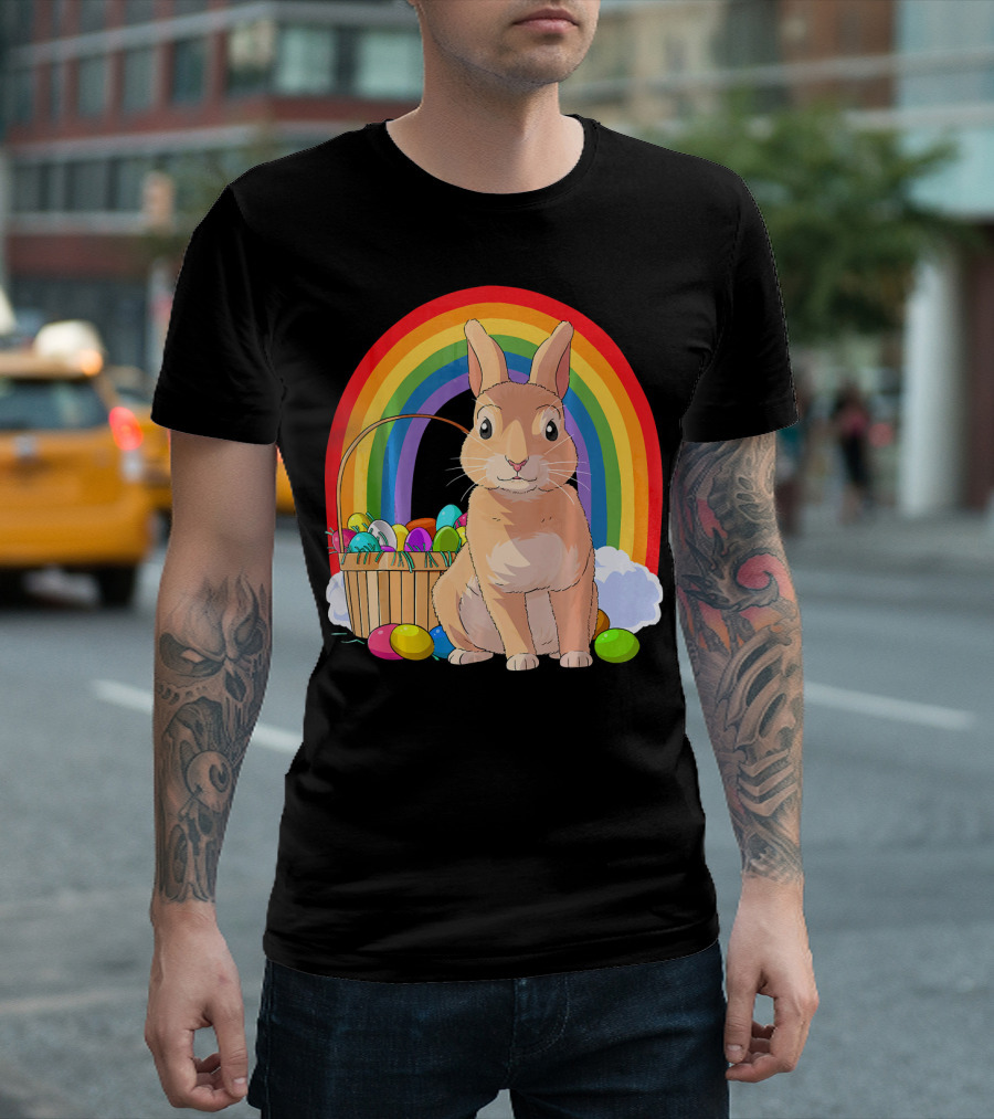 Bunny Rabbit With Easter Eggs And Rainbow For Kids Easter T-Shirt