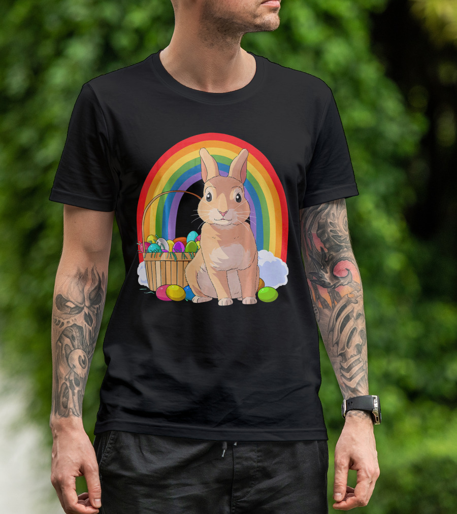 Bunny Rabbit With Easter Eggs And Rainbow For Kids Easter T-Shirt