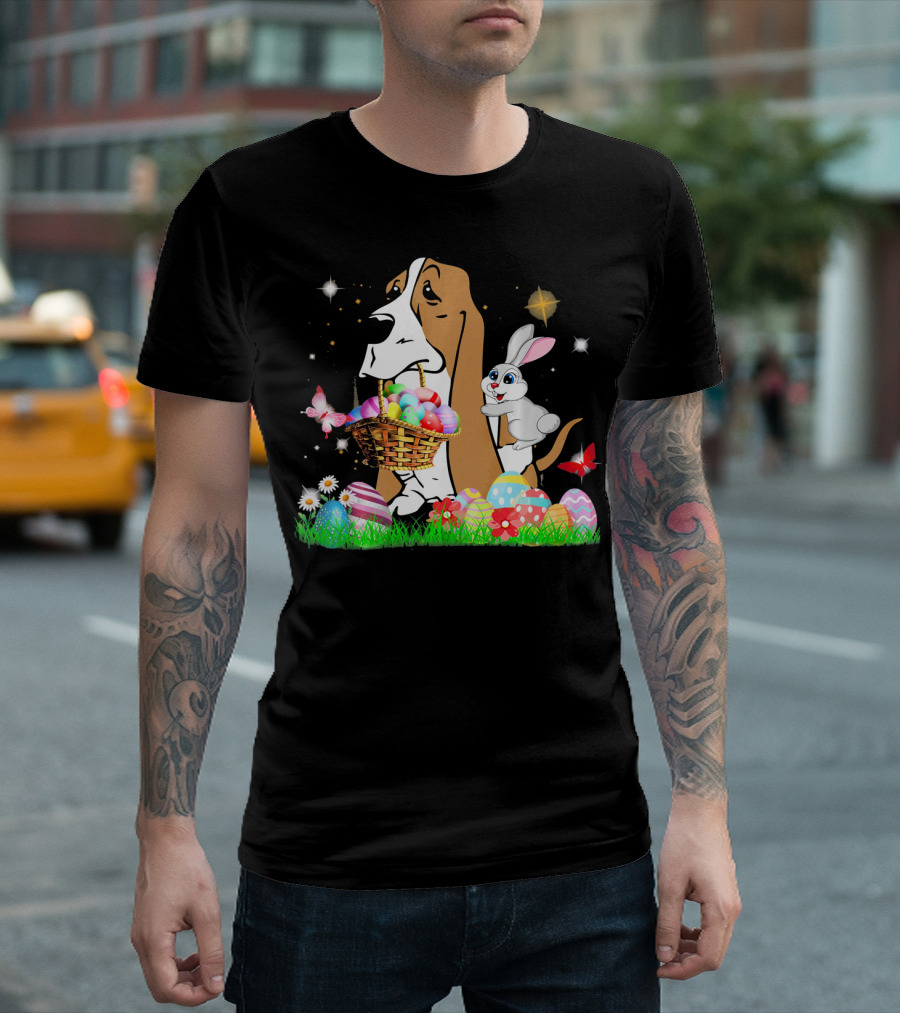 Basset Hound with Easter Eggs Basket and Bunny Surrounded by Colorful Eggs and Flowers T-Shirt