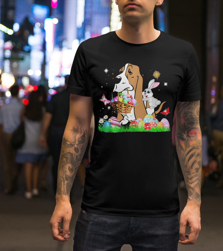 Basset Hound With Easter Eggs Basket And Bunny Surrounded By Colorful Eggs And Flowers T-Shirt