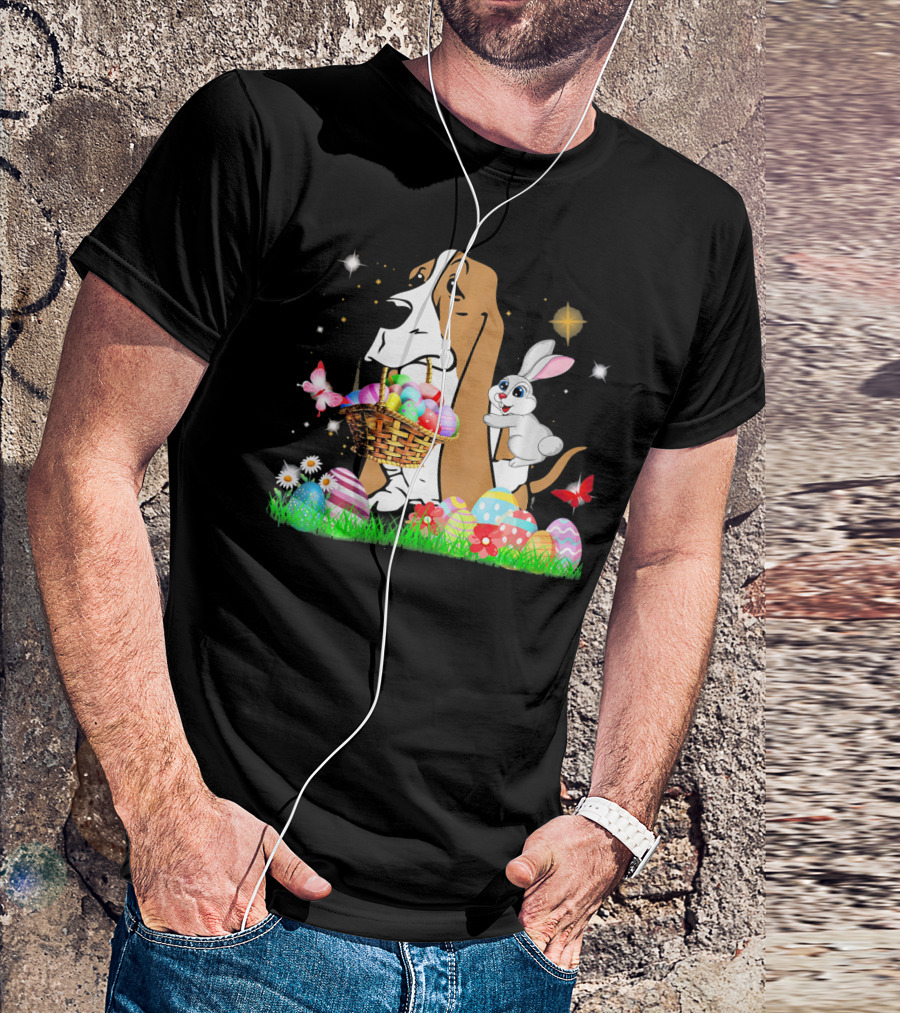 Basset Hound With Easter Eggs Basket And Bunny Surrounded By Colorful Eggs And Flowers T-Shirt