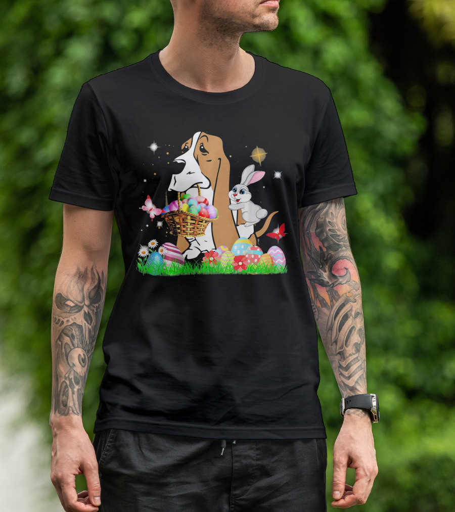 Basset Hound With Easter Eggs Basket And Bunny Surrounded By Colorful Eggs And Flowers T-Shirt
