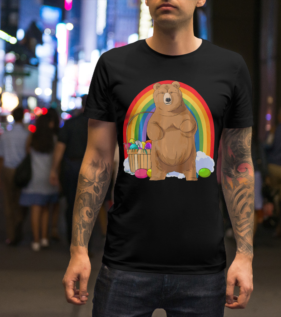 Bear With Easter Egg Basket And Rainbow Background T-Shirt