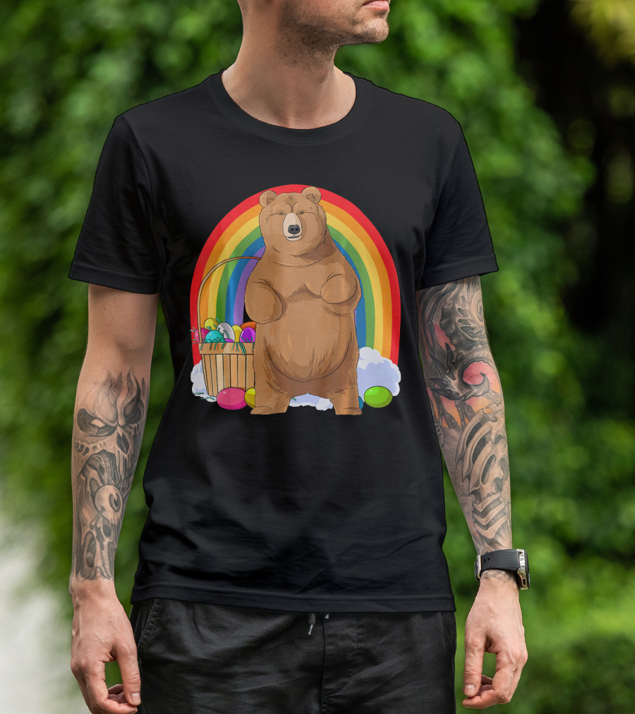 Bear With Easter Egg Basket And Rainbow Background T-Shirt