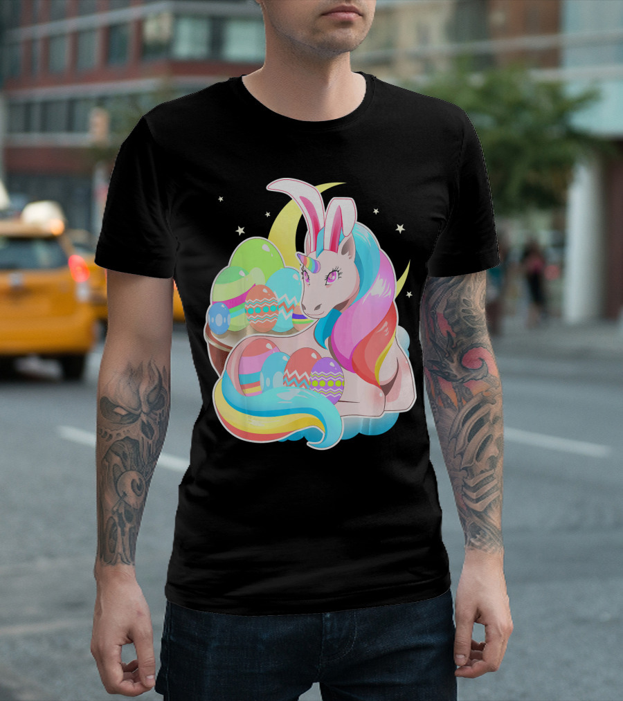 Unicorn Easter Bunny Ears Holiday Pastel Eggs and Moon Stars T-Shirt