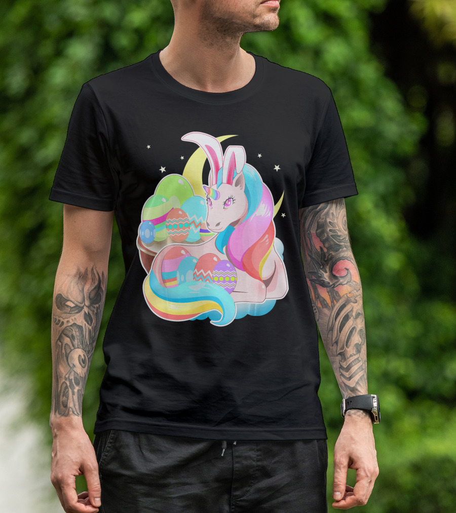 Unicorn Easter Bunny Ears Holiday Pastel Eggs And Moon Stars T-Shirt