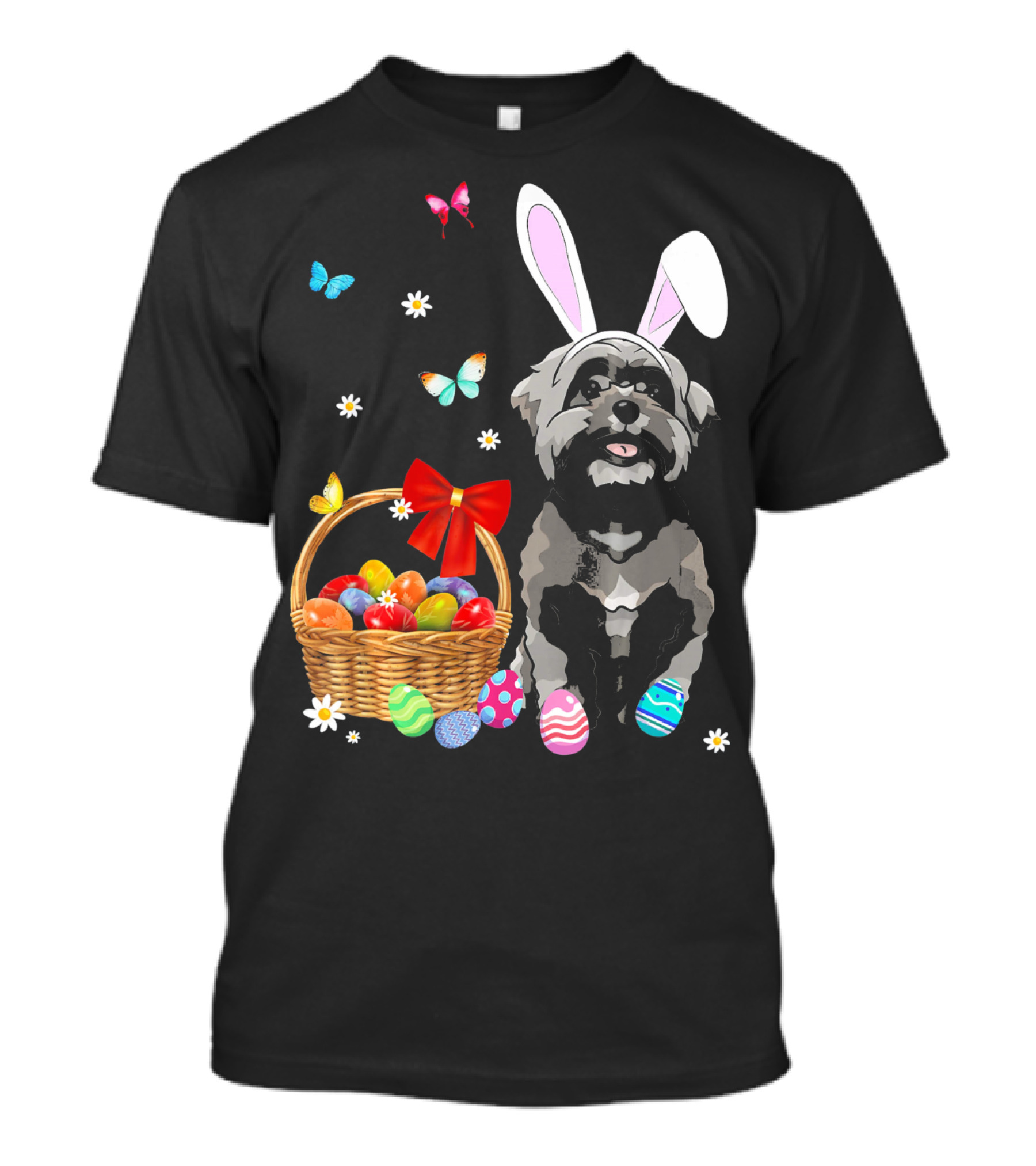 Shih Tzu With Bunny Ears And Easter Egg Basket With Butterflies And Flowers T-Shirt