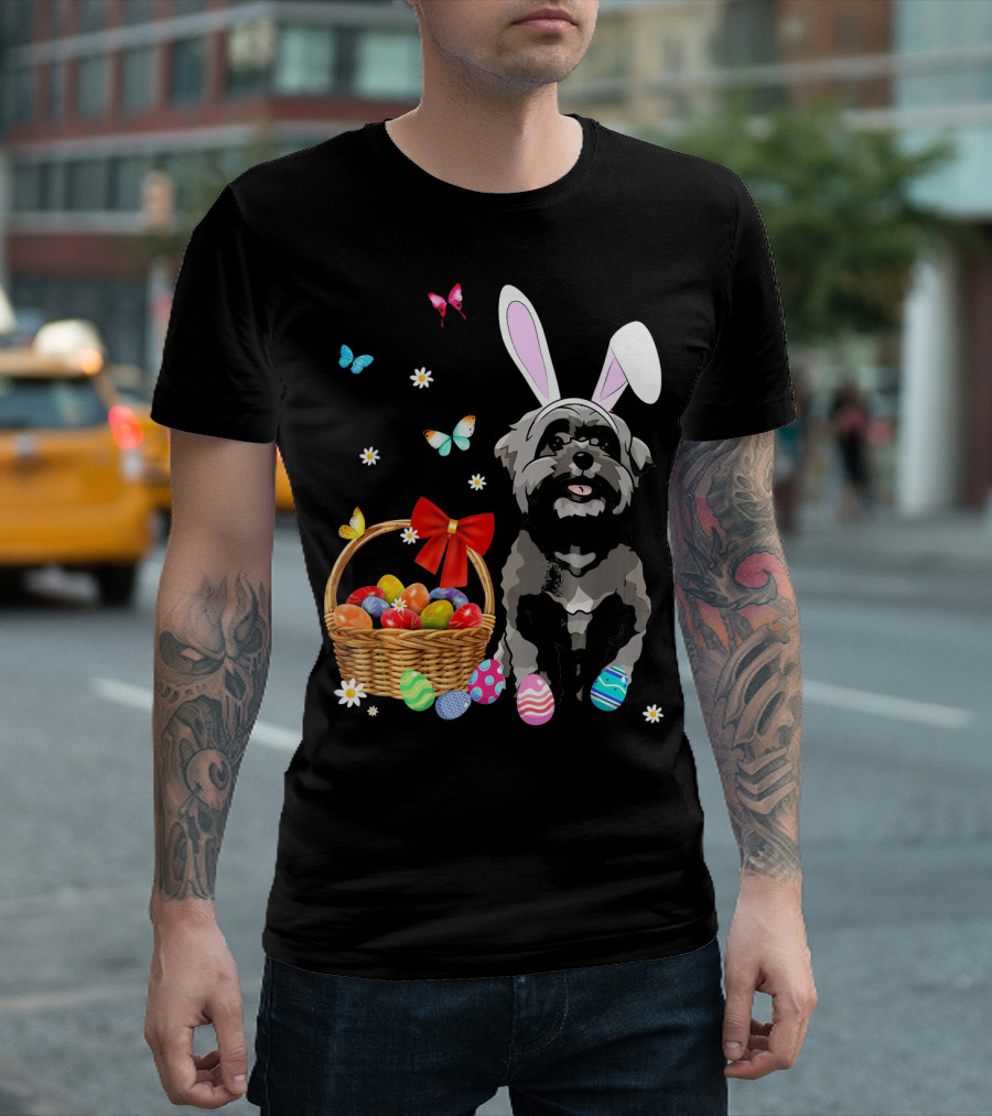 Shih Tzu with Bunny Ears and Easter Egg Basket with Butterflies and Flowers T-Shirt