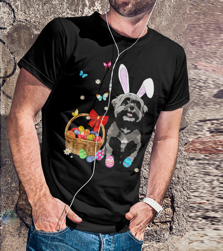 Shih Tzu With Bunny Ears And Easter Egg Basket With Butterflies And Flowers T-Shirt